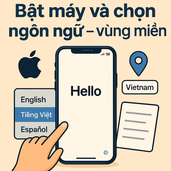 Ảnh minh hoạ bước bật máy iPhone và chọn ngôn ngữ – vùng miền với giao diện Hello, Tiếng Việt và Việt Nam