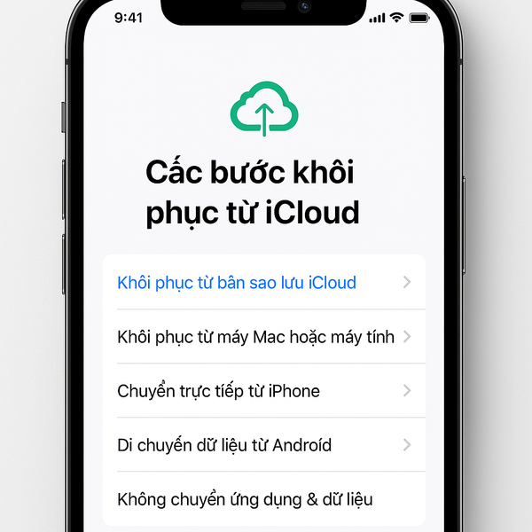 Ảnh minh hoạ từng bước khôi phục dữ liệu iPhone từ bản sao lưu iCloud, gồm bước chọn Wi-Fi, đăng nhập Apple ID và chọn bản sao lưu