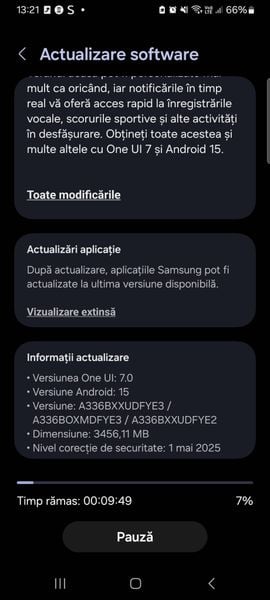 Hình ảnh Galaxy A33 với thông báo chính thức cập nhật lên One UI 7 – giao diện mới, Android 15, nền gradient hiện đại