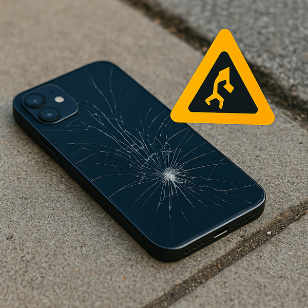 Hình ảnh chiếc iPhone nứt vỡ màn hình nằm trên vỉa hè bê tông – minh họa tình huống rơi, va đập mạnh dẫn đến lỗi loa