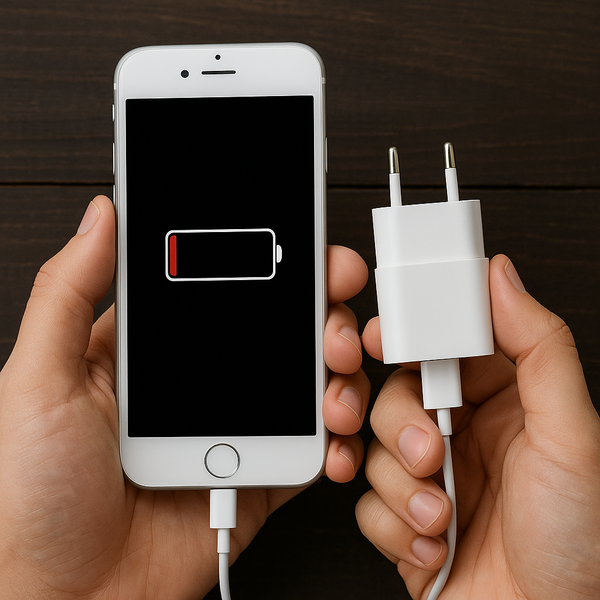 iPhone đang cắm sạc với biểu tượng pin yếu, kèm theo củ sạc không rõ nguồn gốc