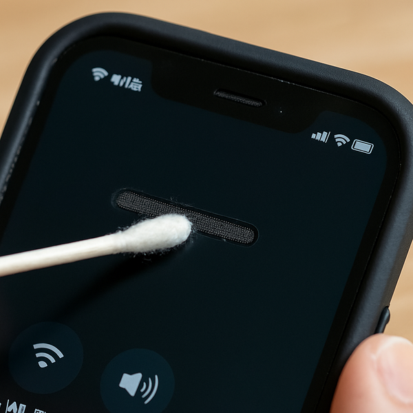 Ảnh cận cảnh người dùng dùng tăm bông vệ sinh loa thoại iPhone – minh họa nguyên nhân bụi bẩn làm loa bị rè khi gọi