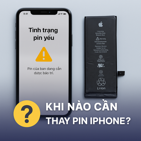 iPhone hiển thị cảnh báo tình trạng pin cần bảo trì, đặt cạnh viên pin cũ đã xuống cấp trên nền gỗ, thể hiện câu hỏi Khi nào cần thay pin iPhone