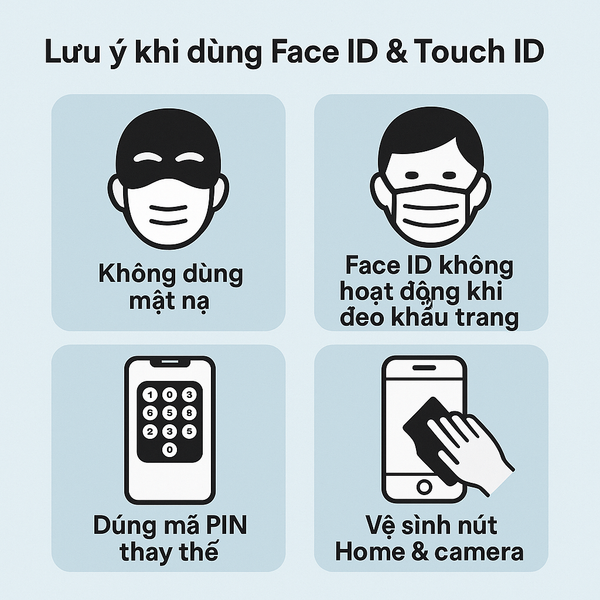 Các lưu ý khi dùng Face ID và Touch ID: tránh dùng mặt nạ, không hoạt động khi đeo khẩu trang, dùng mã PIN thay thế, vệ sinh camera và nút Home