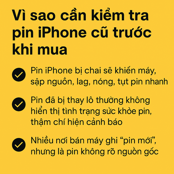 Lý do cần kiểm tra pin iPhone cũ trước khi mua – tránh pin chai, pin lô, và pin không rõ nguồn gốc