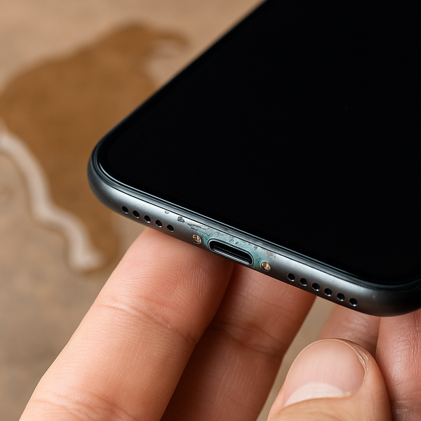 Cận cảnh đáy iPhone bị oxy hóa xanh do tiếp xúc nước, mô tả lỗi mic sau khi bị thấm ẩm.