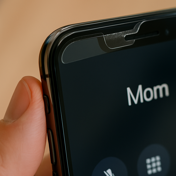 Cận cảnh miếng dán màn hình bị lệch che mất loa thoại iPhone, làm âm thanh khi gọi bị nhỏ hoặc nghẹt.