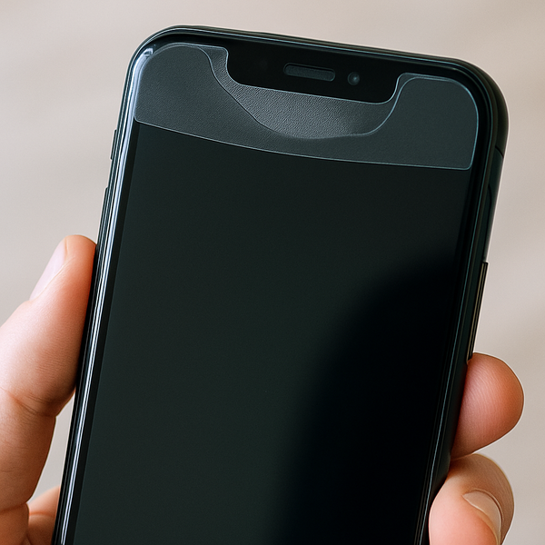 Cận cảnh tay cầm iPhone với miếng dán màn hình che mất khu vực loa thoại phía trên