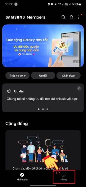 Mở ứng dụng, chọn mục Hỗ trợ (nằm ở góc dưới bên phải màn hình).