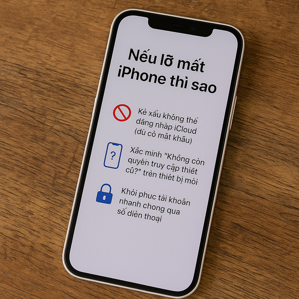 Minh họa các bước xử lý khi mất iPhone: chống đăng nhập iCloud, xác minh thiết bị, khôi phục qua số điện thoại