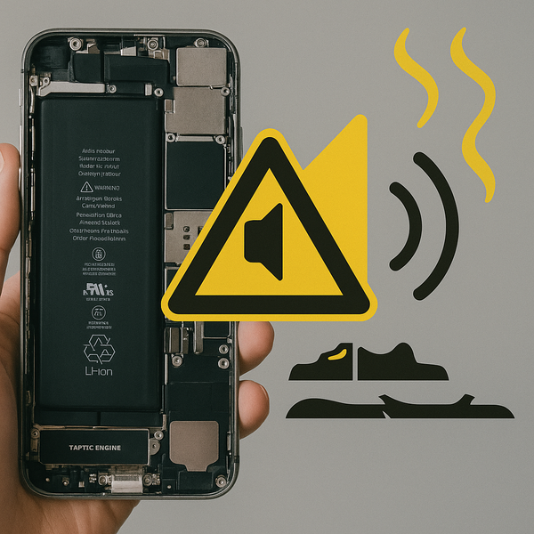 Ảnh mô phỏng lỗi loa iPhone với biểu tượng cảnh báo, hình ảnh linh kiện bị lộ rõ – thể hiện nguyên nhân khiến loa bị nhỏ, rè