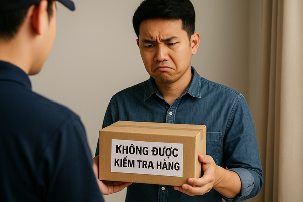 Người mua nhận hộp điện thoại nhưng không được kiểm tra hàng – gương mặt thất vọng và nghi ngờ
