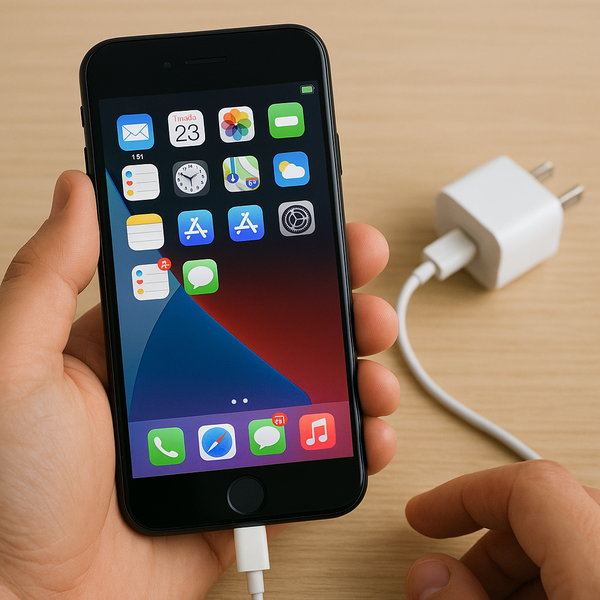 Người dùng vừa sạc vừa sử dụng iPhone với màn hình hiển thị ứng dụng