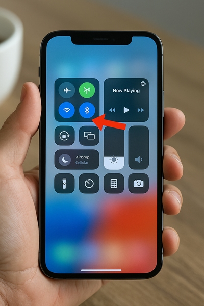 Người dùng đang vuốt Trung tâm điều khiển trên iPhone để tắt Bluetooth tạm thời