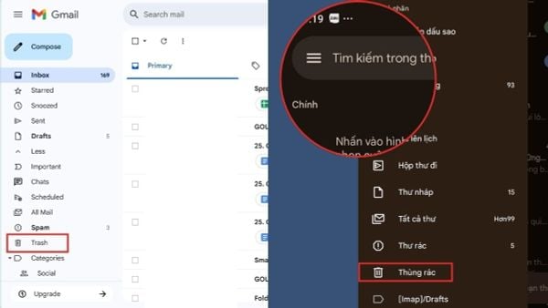 Thùng rác Gmail ở đâu? – Hình minh họa xoá & khôi phục email bằng biểu tượng Gmail, thùng rác và thư hoàn tác