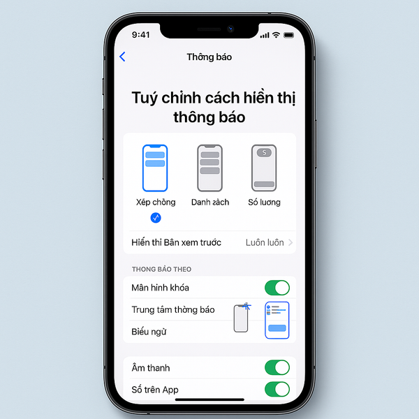 Ảnh minh hoạ màn hình cài đặt tuỳ chỉnh cách hiển thị thông báo trên iPhone, với các lựa chọn như biểu ngữ, màn hình khoá và âm thanh