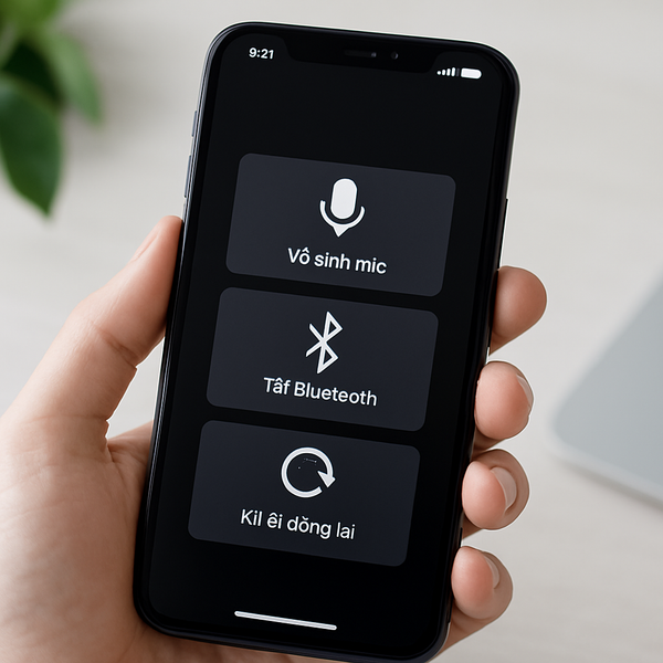 Ảnh chụp tay cầm iPhone với các bước xử lý lỗi mic được hiển thị trên màn hình – minh họa thao tác khắc phục lỗi mic khi gọi