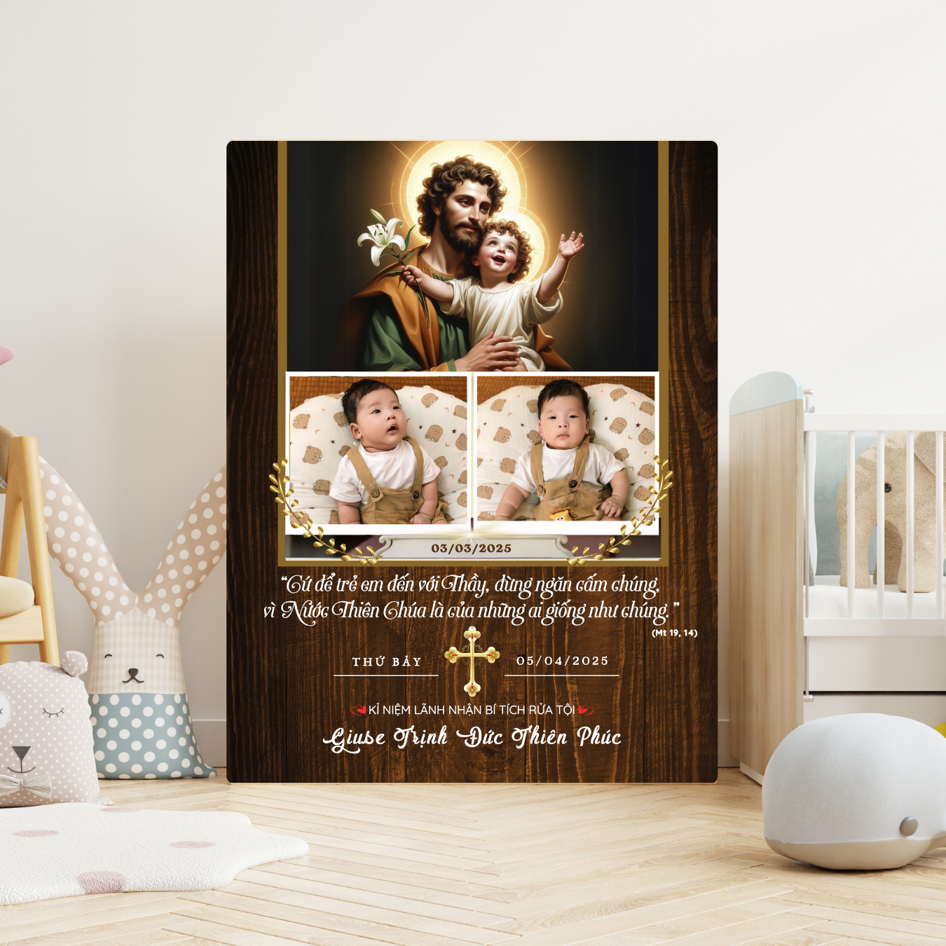 Quà Tặng Lễ Rửa Tội Cho Bé Trai Theo Tên Thánh – Tranh Gỗ Thiết Kế Cá Nhân Hóa Độc Đáo