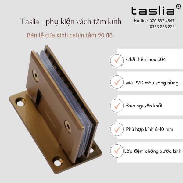 Bản lề cửa kính cabin tắm 90 độ tường kính màu vàng hồng