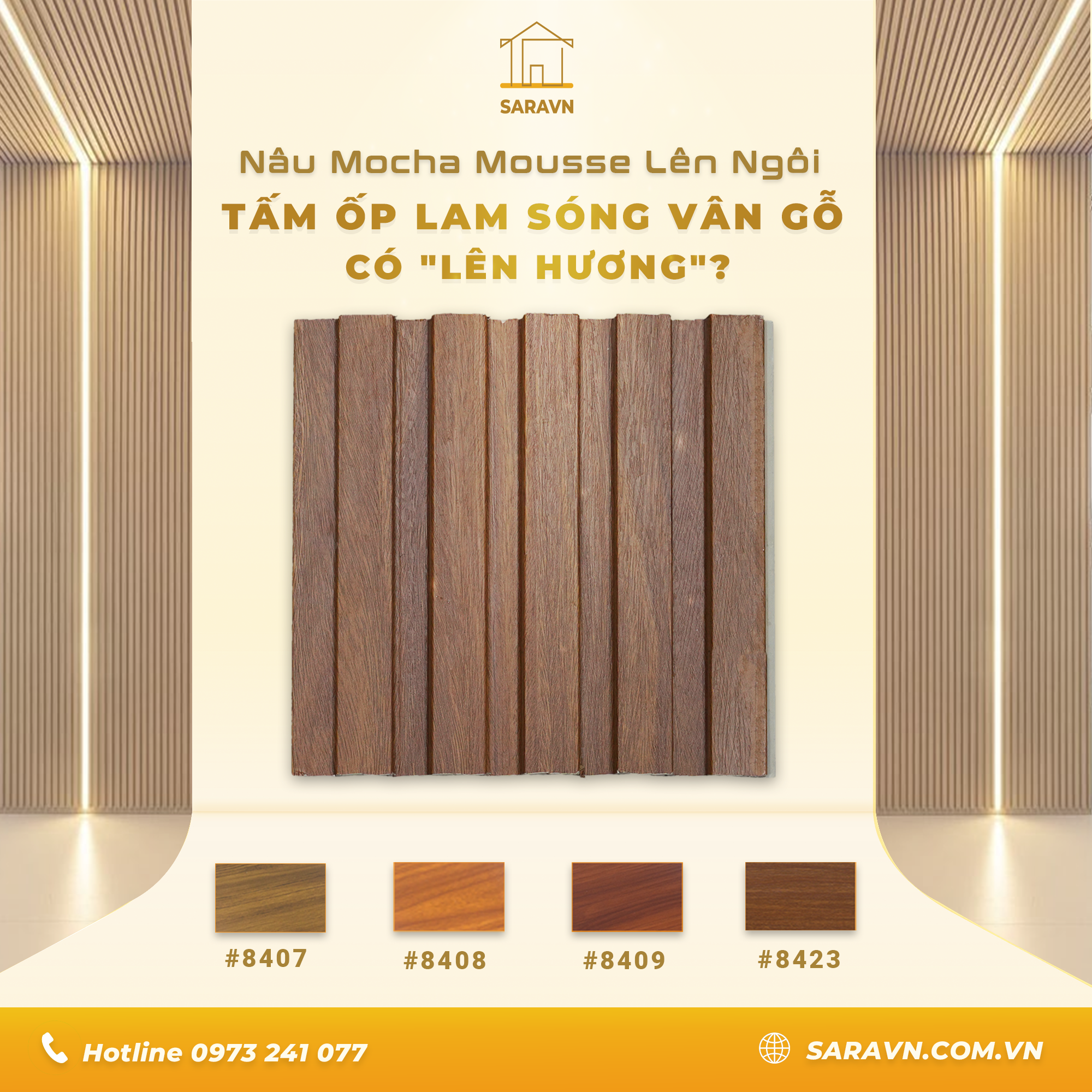 Nâu Mocha Mousse lên ngôi: Tấm ốp lam sóng vân gỗ có