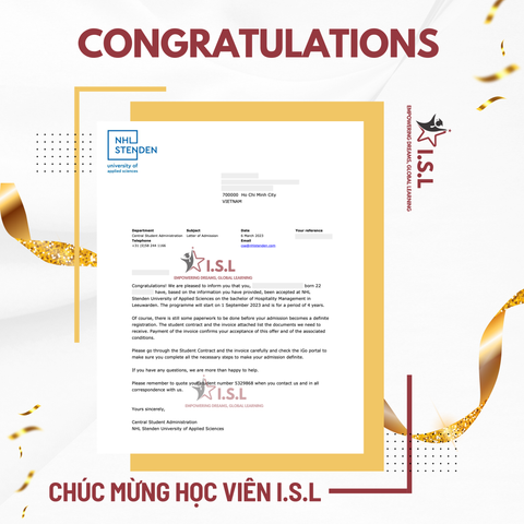 CHÚC MỪNG HỌC VIÊN I.S.L - HỌC BỔNG TRƯỜNG NHL STENDEN UNIVERSITY OF APPLIED SCIENCES VỀ TAY