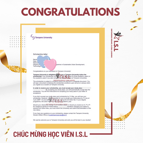 CHÚC MỪNG HỌC VIÊN I.S.L - HỌC BỔNG TRƯỜNG TAMPERE UNIVERSITY VỀ TAY