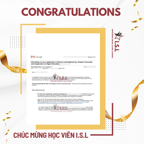 CHÚC MỪNG HỌC VIÊN I.S.L - HỌC BỔNG TRƯỜNG TAMPERE UNIVERSITY VỀ TAY