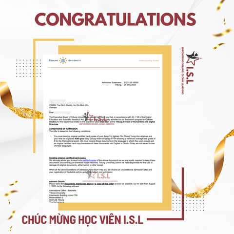 CHÚC MỪNG HỌC VIÊN I.S.L - HỌC BỔNG TRƯỜNG TILBURG UNIVERSITY VỀ TAY