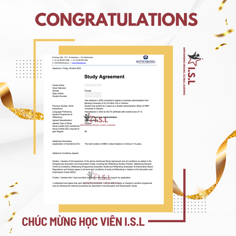 CHÚC MỪNG HỌC VIÊN I.S.L - HỌC BỔNG TRƯỜNG WITTENBORG UNIVERSITY OF APPLIED SCIENCES VỀ TAY