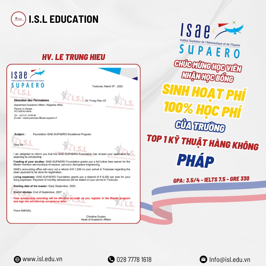 Lê Trung Hiếu nhận học bổng 100% tại ISAE-SUPAERO, trường số 1 kỹ thuật hàng không Pháp!