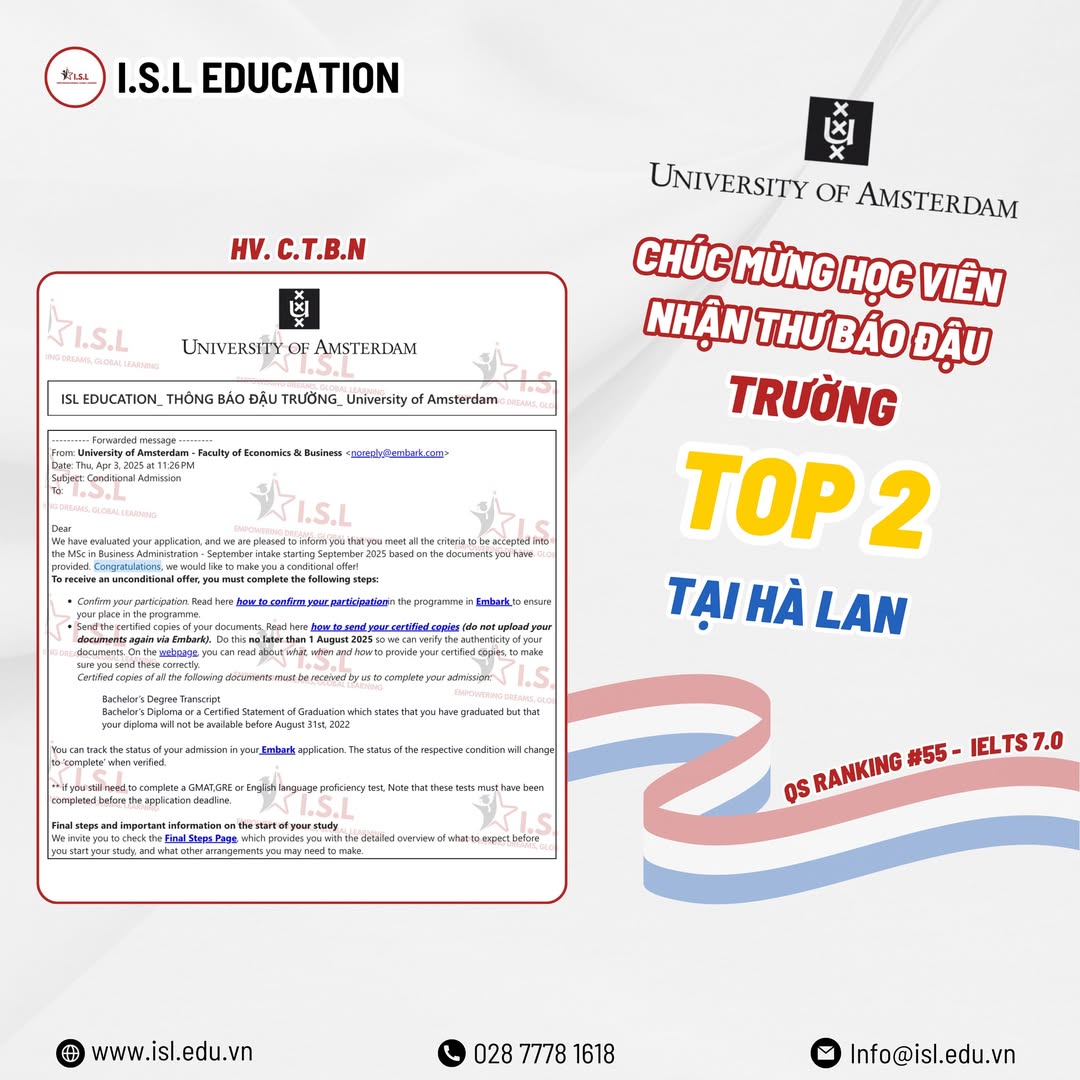 Học viên của ISL xuất sắc nhận được học bổng của ngôi trường danh giá tại Hà Lan