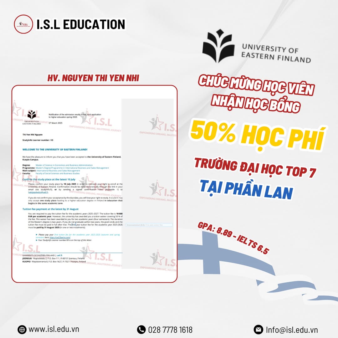 Học viên ISL xuất sắc nhận học bổng 50% tại Đại học hàng đầu Phần Lan!