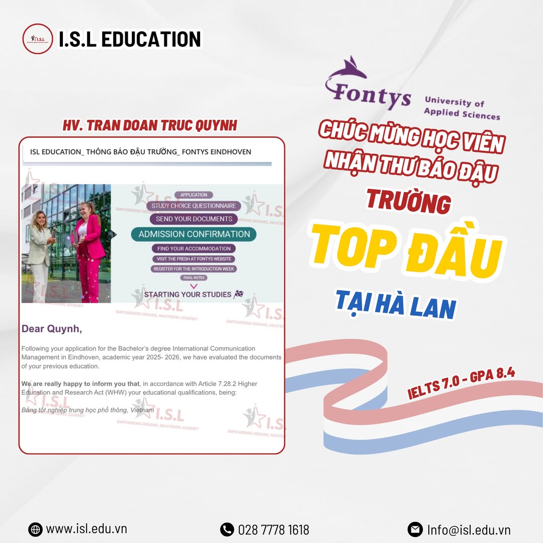 Học viên ISL xuất sắc chinh phục trường Đại học TOP đầu Hà Lan!