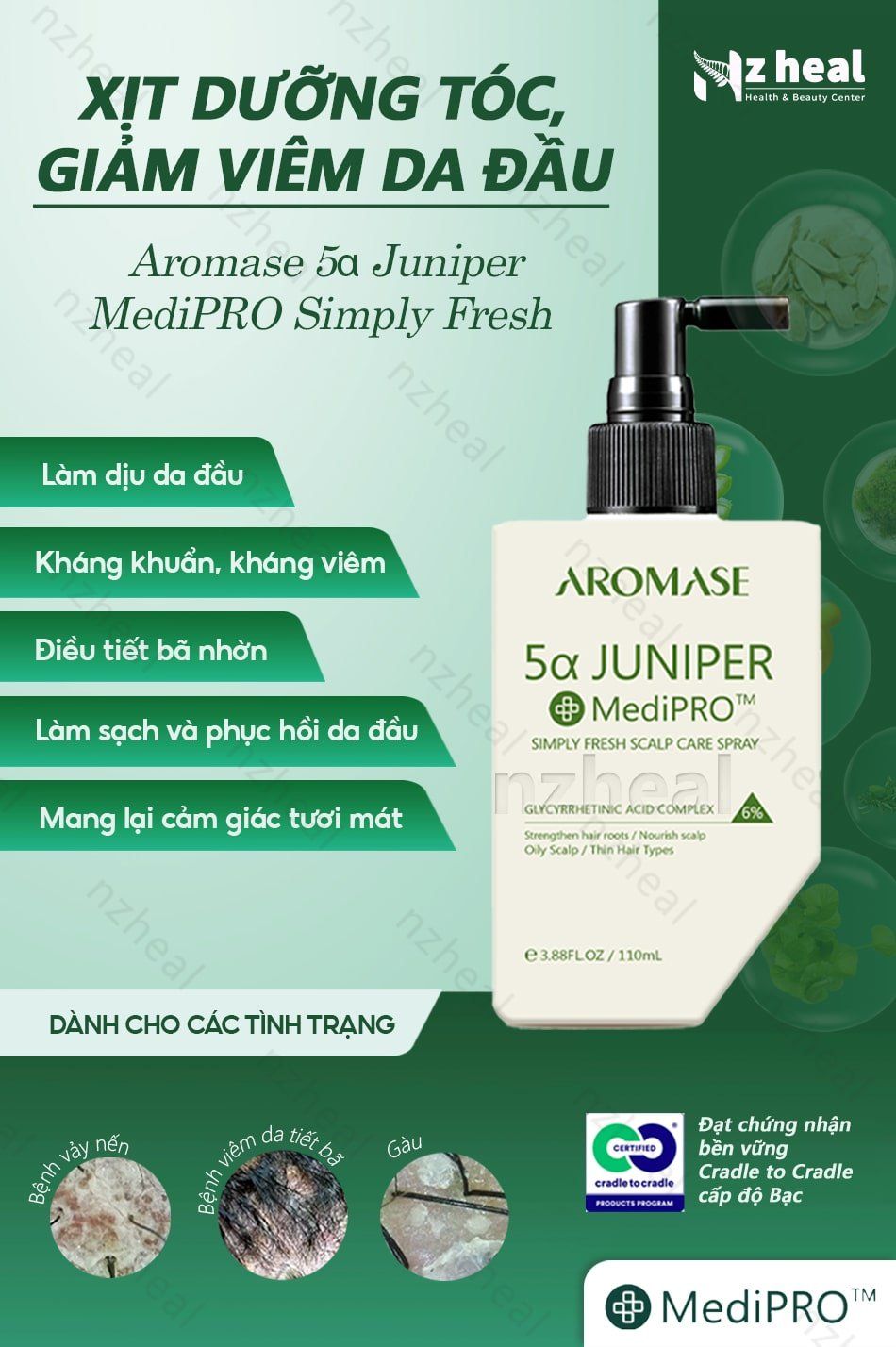 Xịt dưỡng và làm dịu da đầu Aromase 5α Juniper MediPRO Simply Fresh Spray 110ml