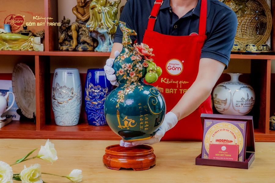Bình Hồ Lô Xanh Lục Tài Lộc Vẽ Vàng