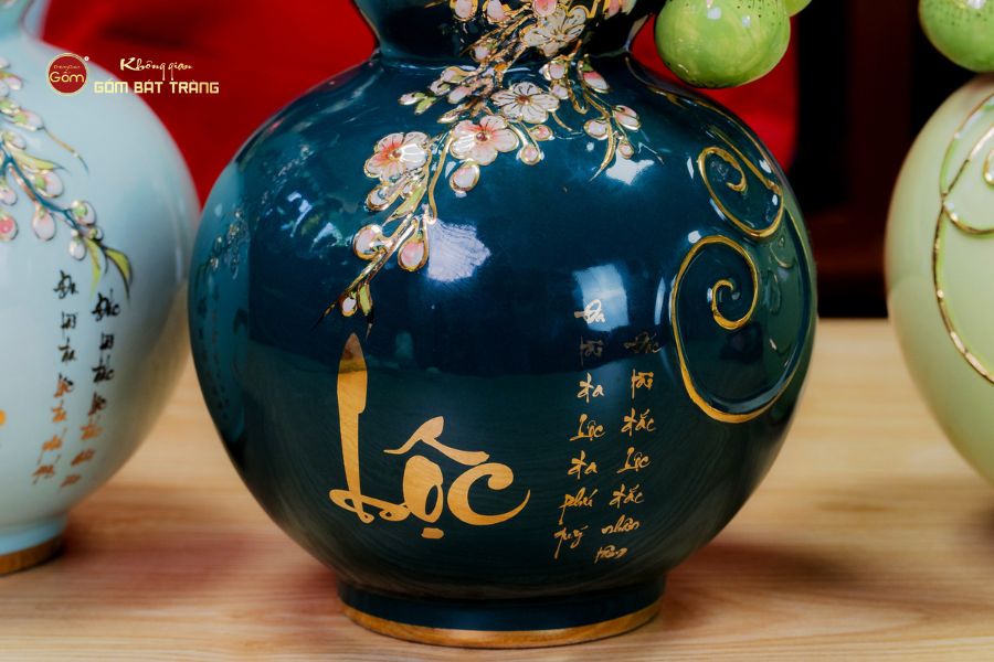 Bình Hồ Lô Xanh Lục Tài Lộc Vẽ Vàng
