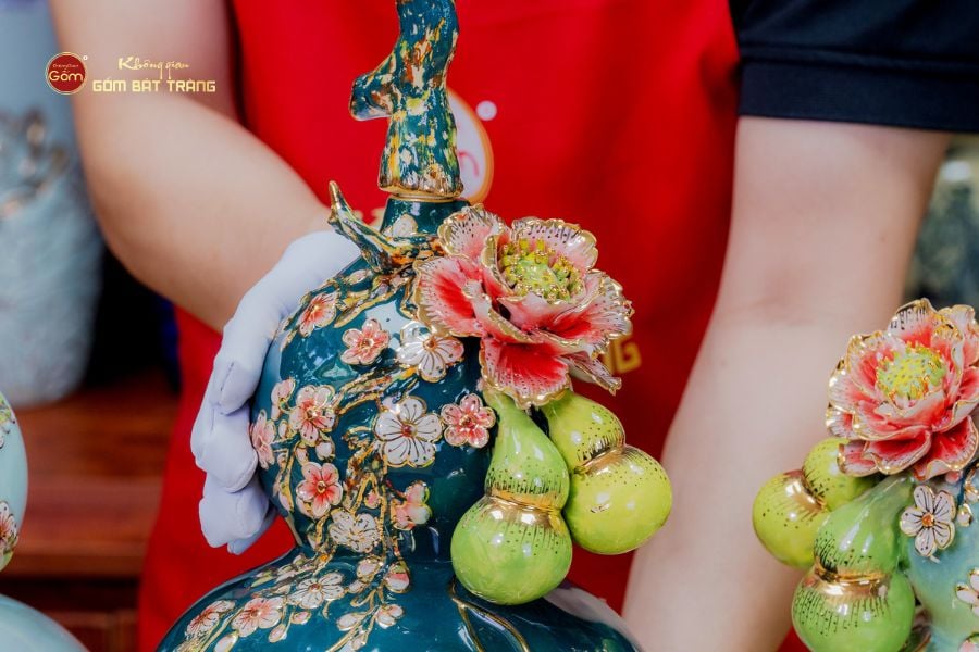 Bình Hồ Lô Xanh Lục Tài Lộc Vẽ Vàng