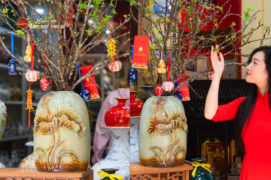 Bình Hoa Dáng Chuông Đắp Nổi Hoa Sen