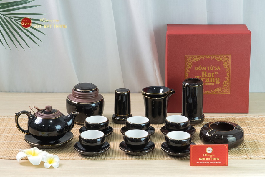 Bộ Ấm Chén Búp Sen Nâu Kẻ Vàng