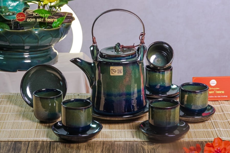 Bộ Ấm Chén Cao Men Hỏa Biến Xanh Rêu Ngọc Thỏ