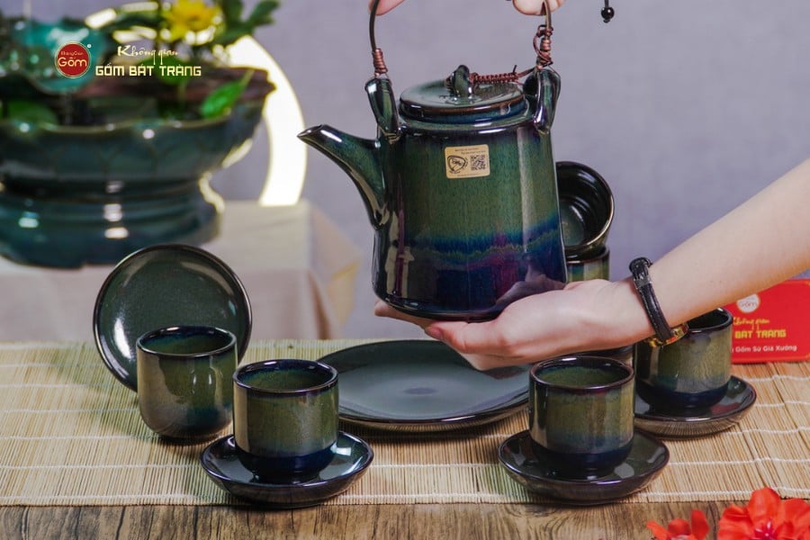Bộ Ấm Chén Cao Men Hỏa Biến Xanh Rêu Ngọc Thỏ