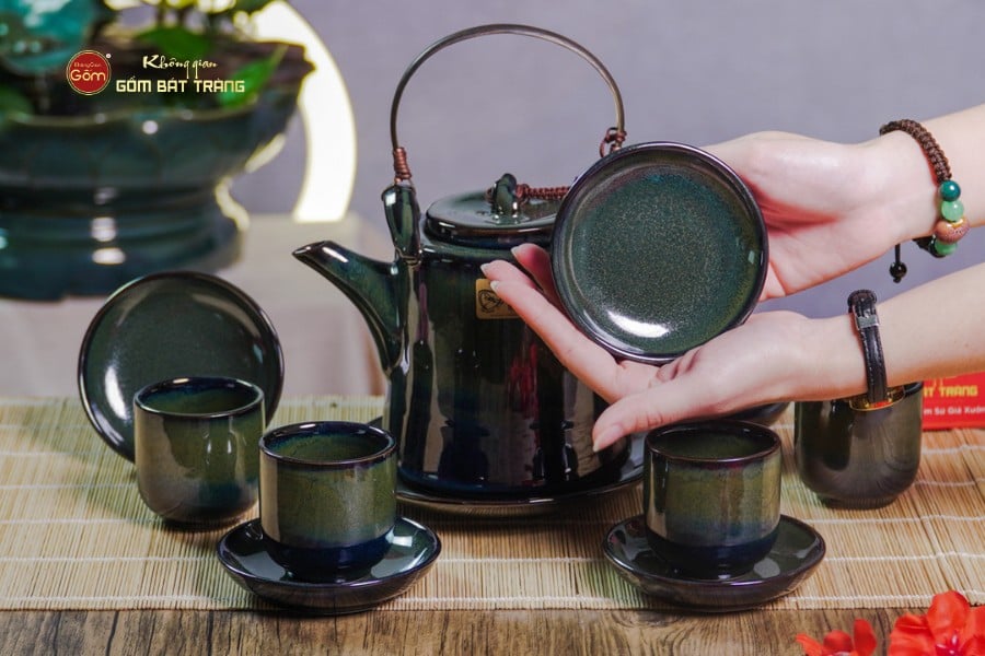Bộ Ấm Chén Cao Men Hỏa Biến Xanh Rêu Ngọc Thỏ