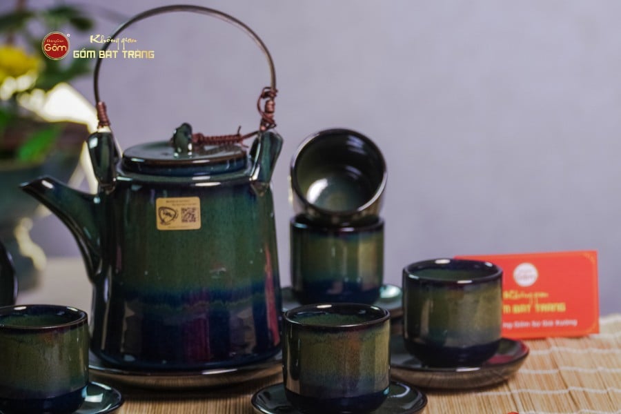 Bộ Ấm Chén Cao Men Hỏa Biến Xanh Rêu Ngọc Thỏ