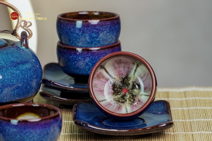 Bộ Ấm Chén Giang Tây Lòng Hoa Men Xanh Hỏa Biến