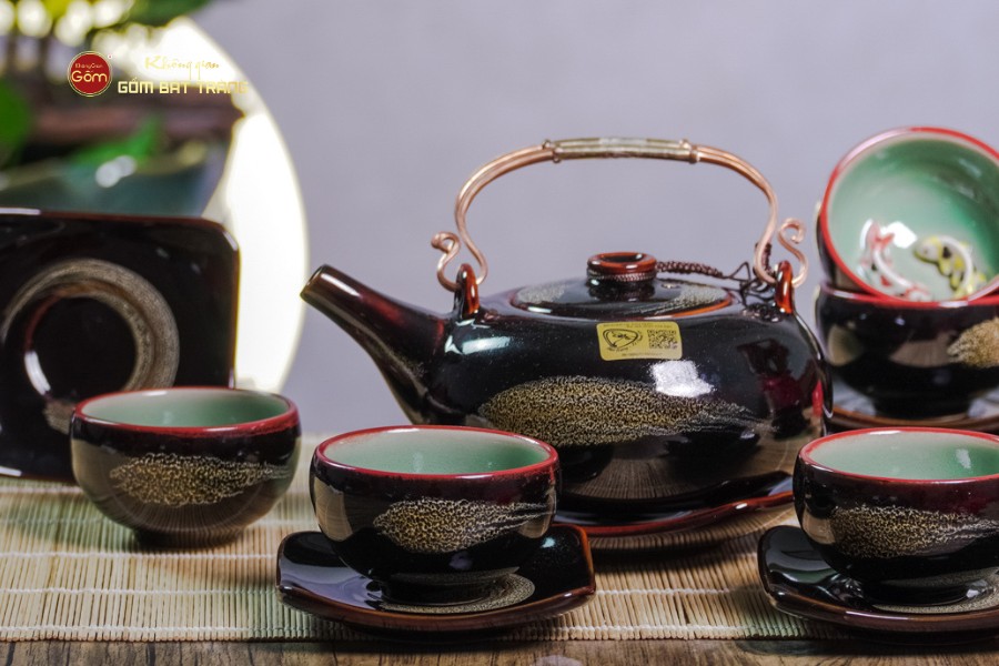 Bộ Ấm Chén Giang Tây Men Hỏa Biến Cá Koi