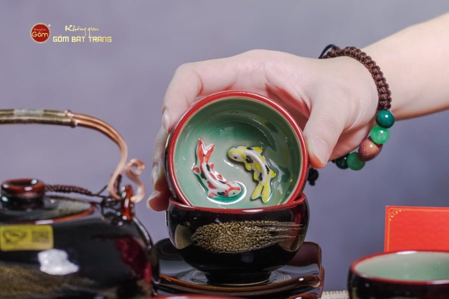 Bộ Ấm Chén Giang Tây Men Hỏa Biến Cá Koi