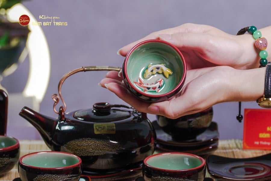 Bộ Ấm Chén Giang Tây Men Hỏa Biến Cá Koi