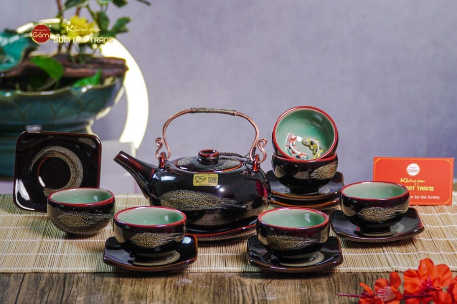 Bộ Ấm Chén Giang Tây Men Hỏa Biến Cá Koi
