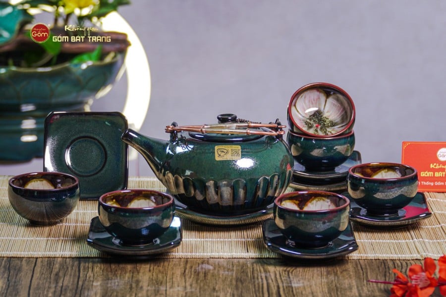 Bộ Ấm Chén Giang Tây Men Hỏa Biến Múi Ngọc Thỏ