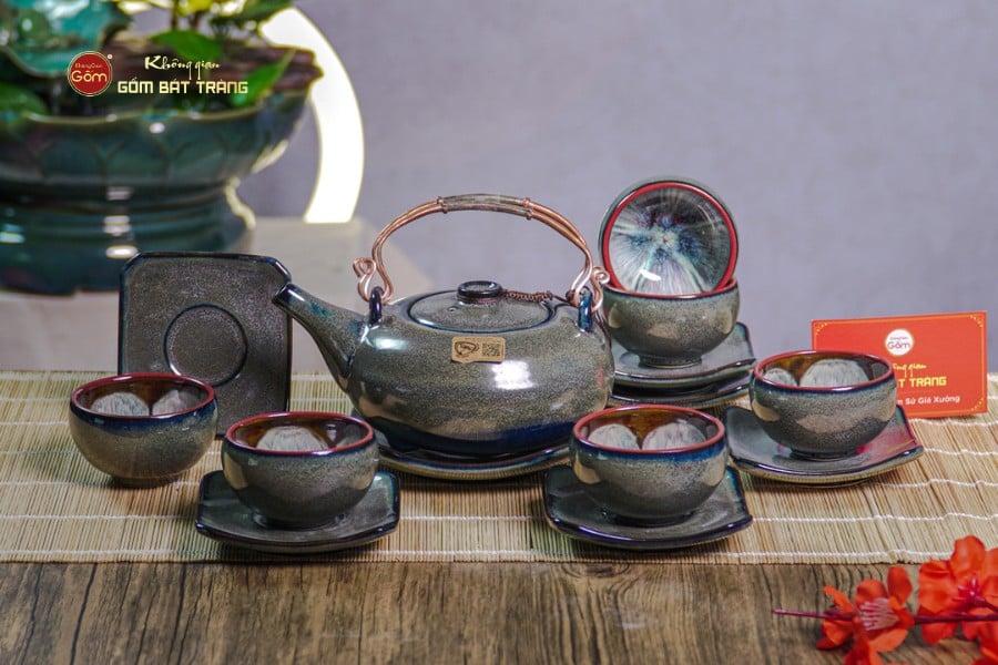 Bộ Ấm Chén Giang Tây Men Hỏa Biến Rêu Lòng Hoa